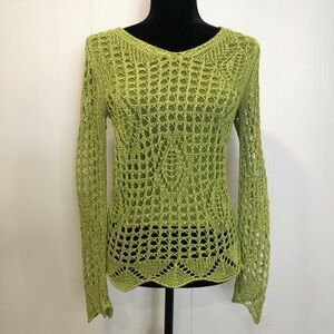 Tricotto Chartreuse Open-Knit V-Neck Sweater
